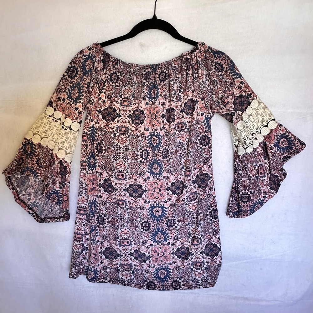Pink Blue Medallion Print Off‎ Shoulder Bell Sleeve Crochet Lace Blouse Top